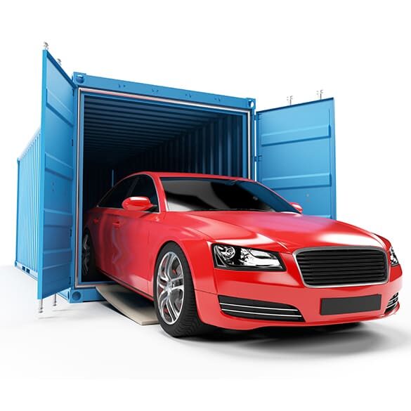 rotes Auto kommt aus Container